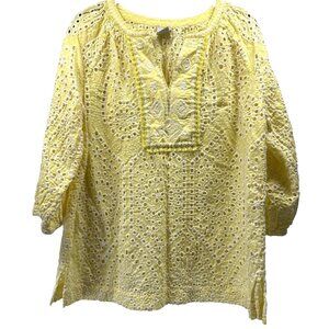 Chicos Womens Top Large Yellow White Eyelet 3/4 Puff Sleeves Popover V Neck Boho
